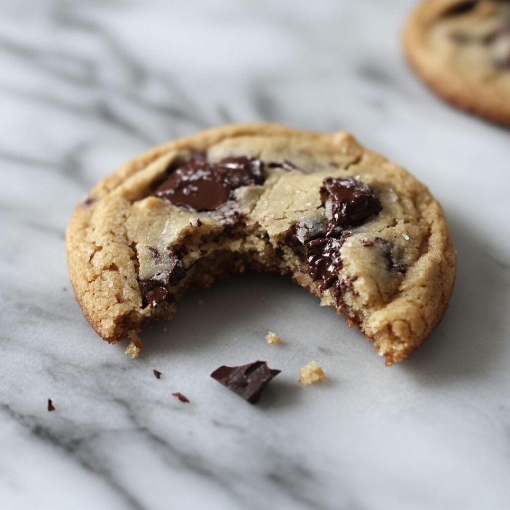 Broken chocolate chip cookie showing pale golden interior and melted chocolate