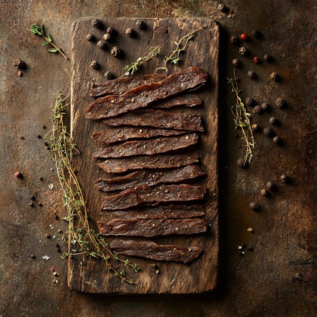 Fresh ground venison jerky strips arranged on wooden board with spices