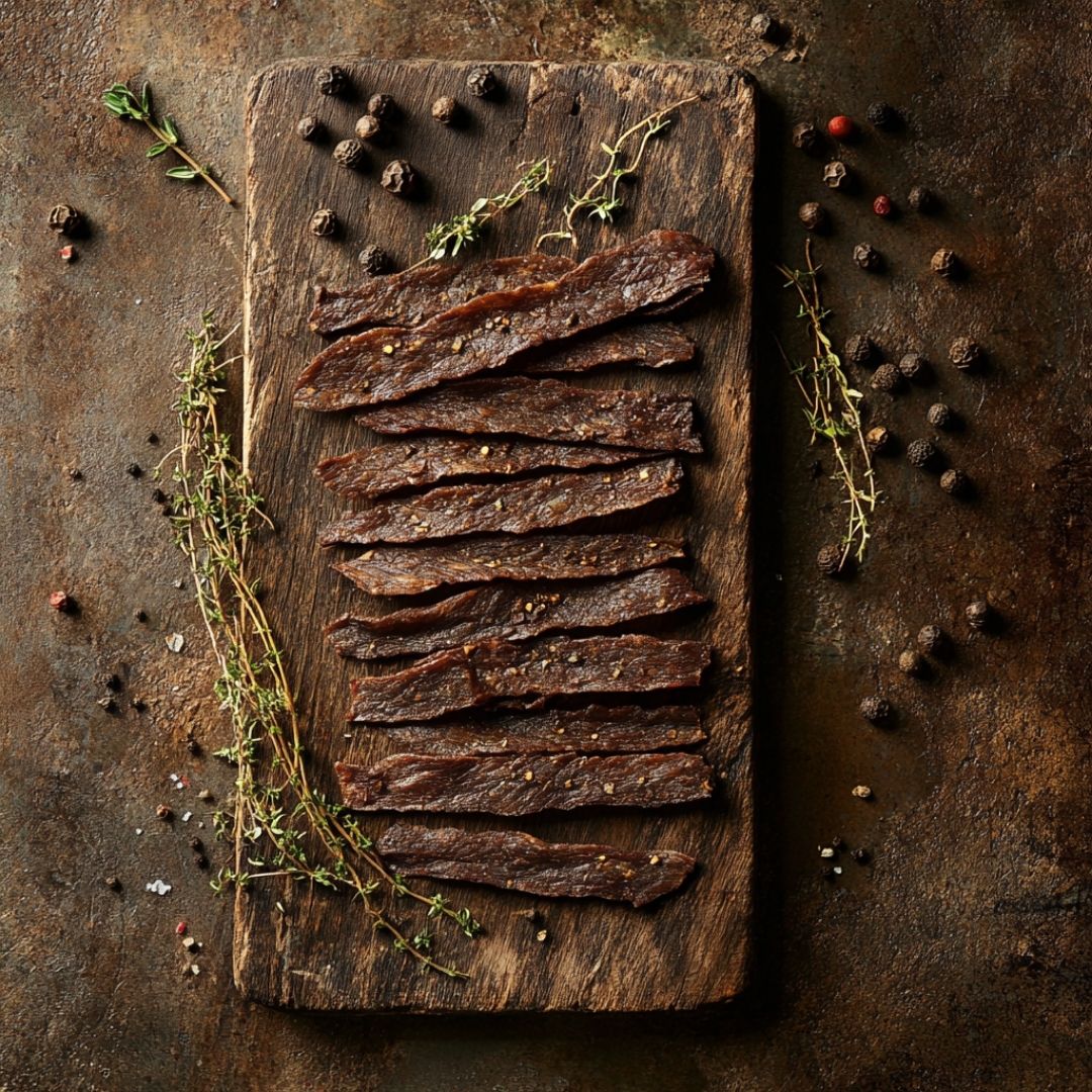 Fresh ground venison jerky strips arranged on wooden board with spices