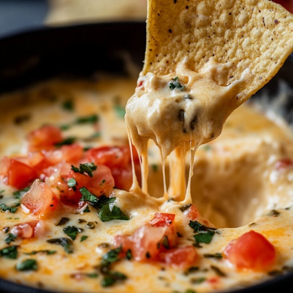 Tortilla chip dipping into stretchy melted queso cheese dip