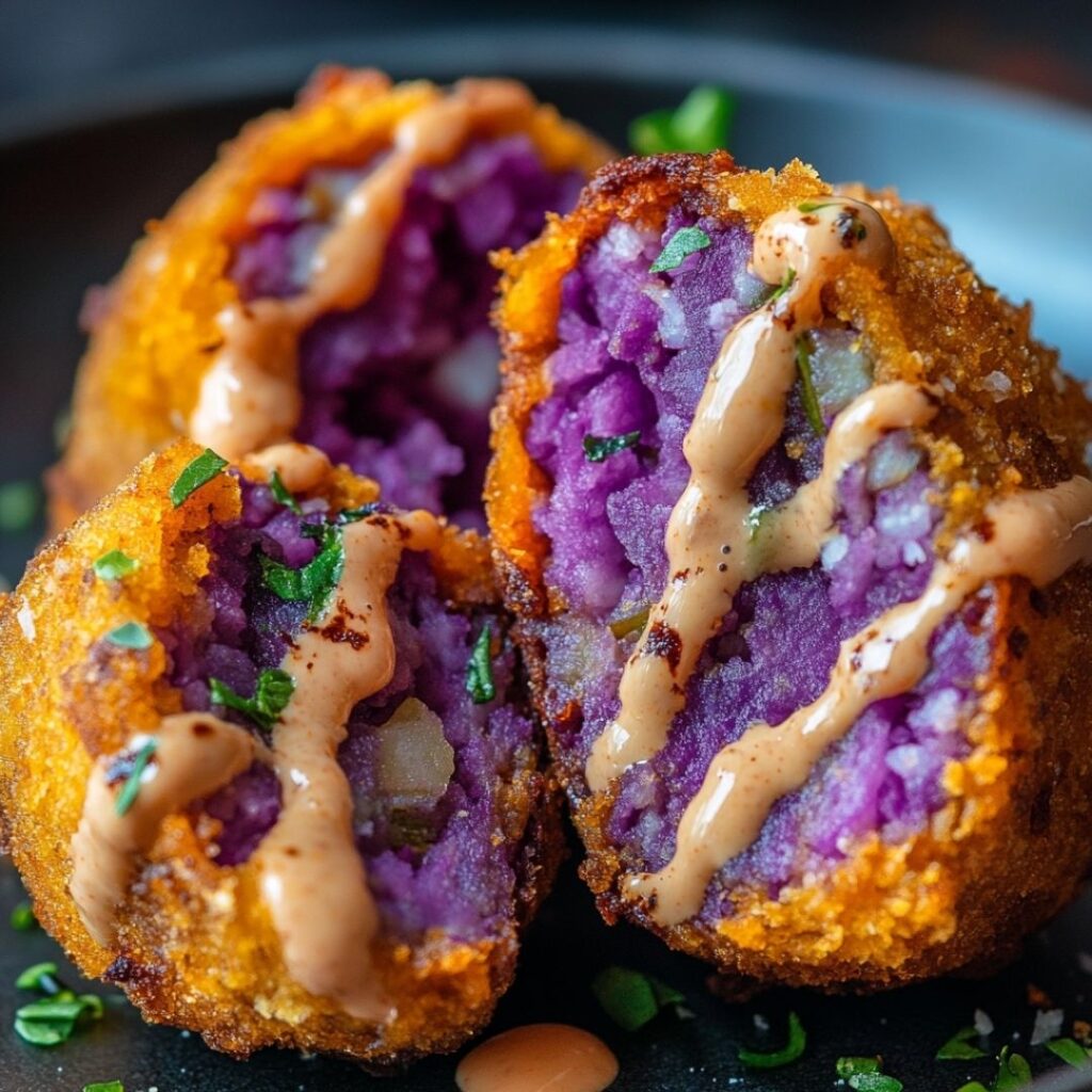 Halved purple sweet potato croquettes showing contrasting golden crust and purple center