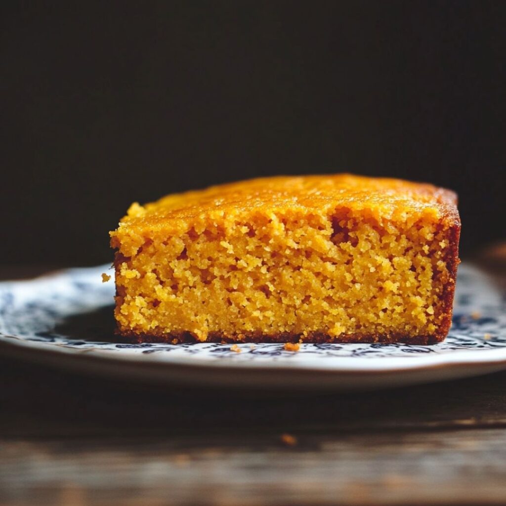Cross-section of a slice of sweet potato cornbread recipe showing moist interior and crispy edges