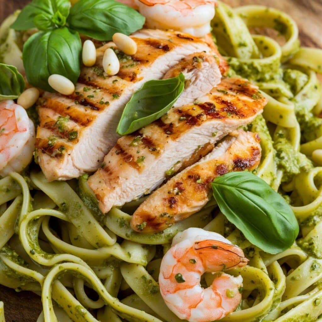 Fettuccine in pesto sauce with chicken strips and shrimp