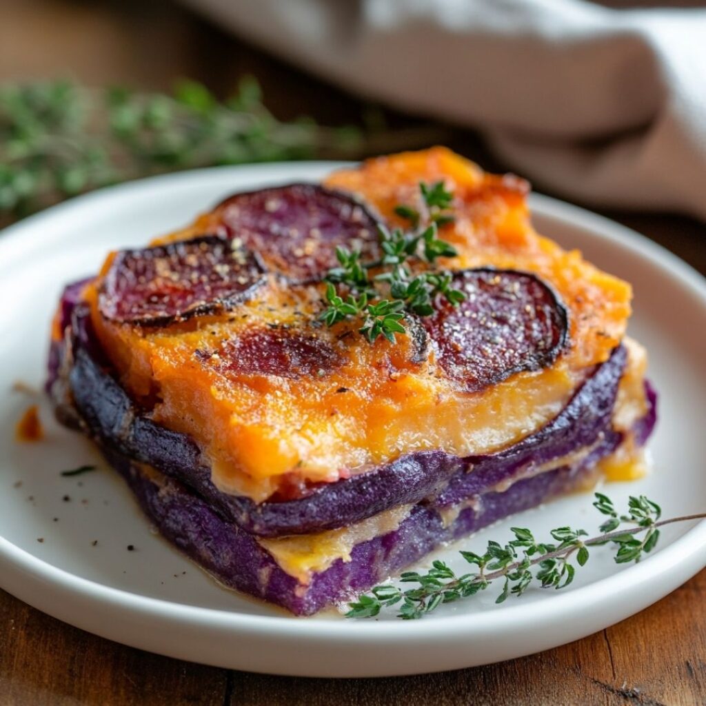 Single serving of purple sweet potatoes gratin on a white plate garnished with fresh thyme sprigs