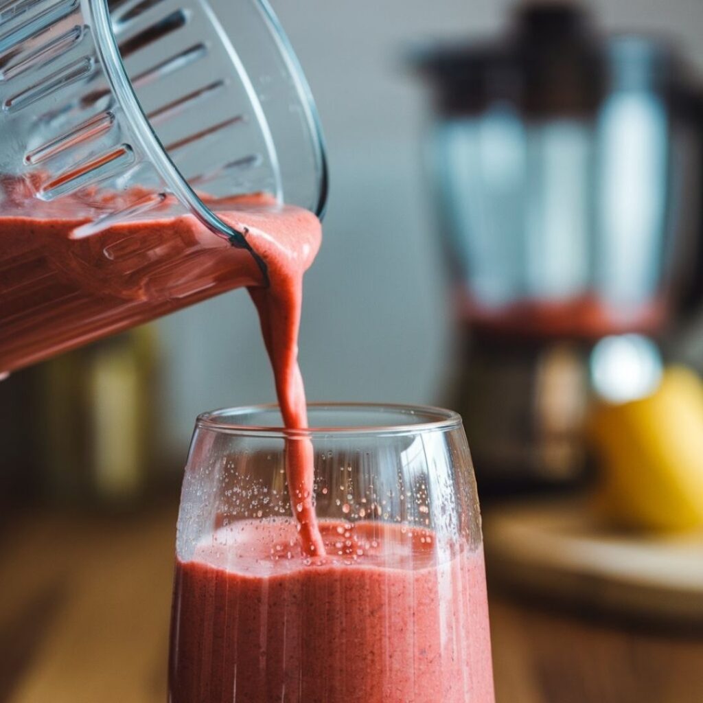 Strawberry smoothie recipe being poured with rich texture