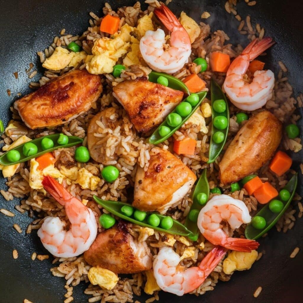 Fried rice with chicken, shrimp, vegetables, and eggs