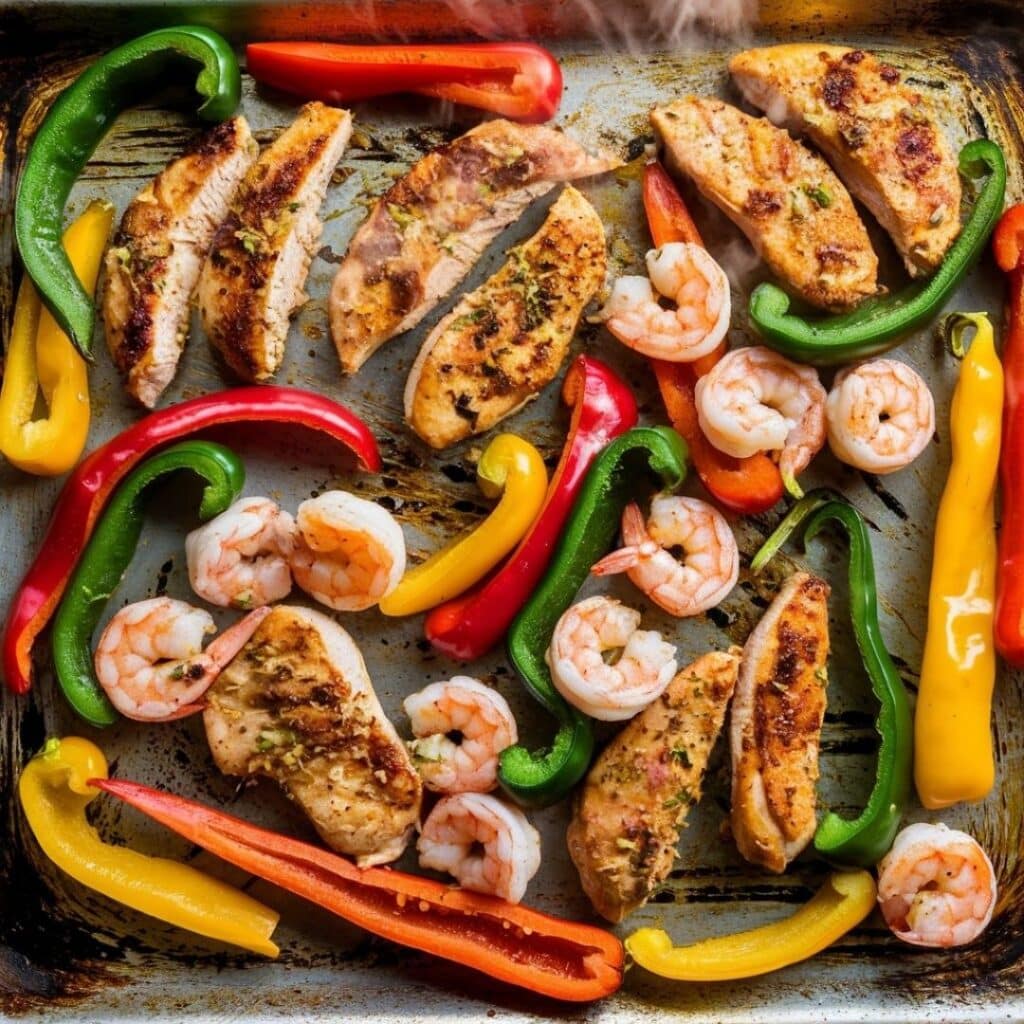 Sheet pan with roasted chicken, shrimp, peppers, and onions for fajitas