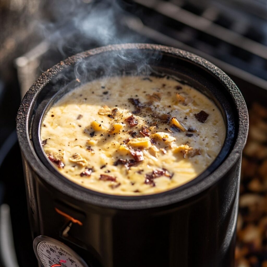 Smoking setup for smoked queso recipe dip showing equipment and process
