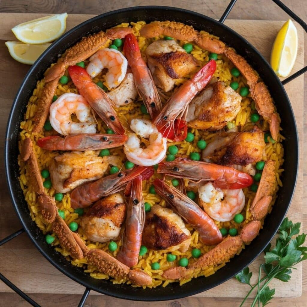 Traditional paella with chicken, shrimp, and saffron rice