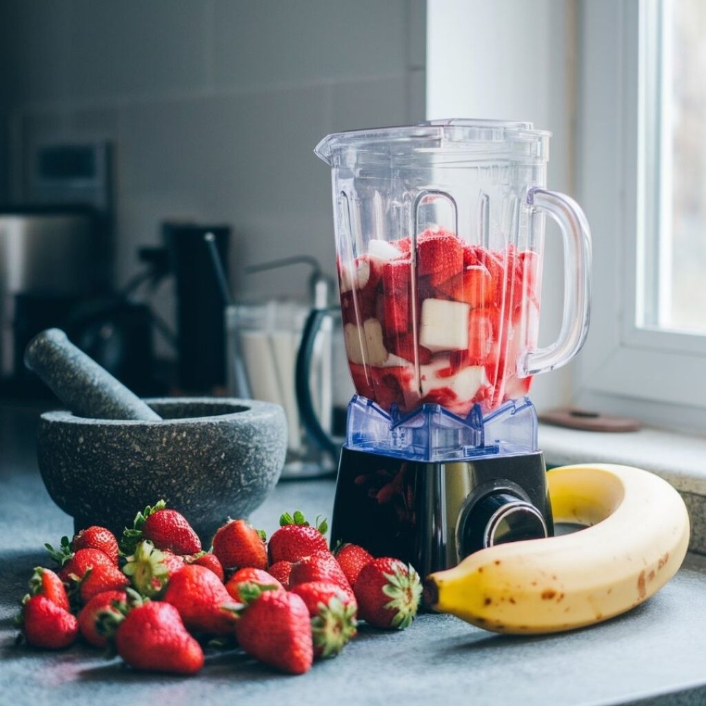 Vibrant red strawberry smoothie recipe in clear glass with fresh strawberries