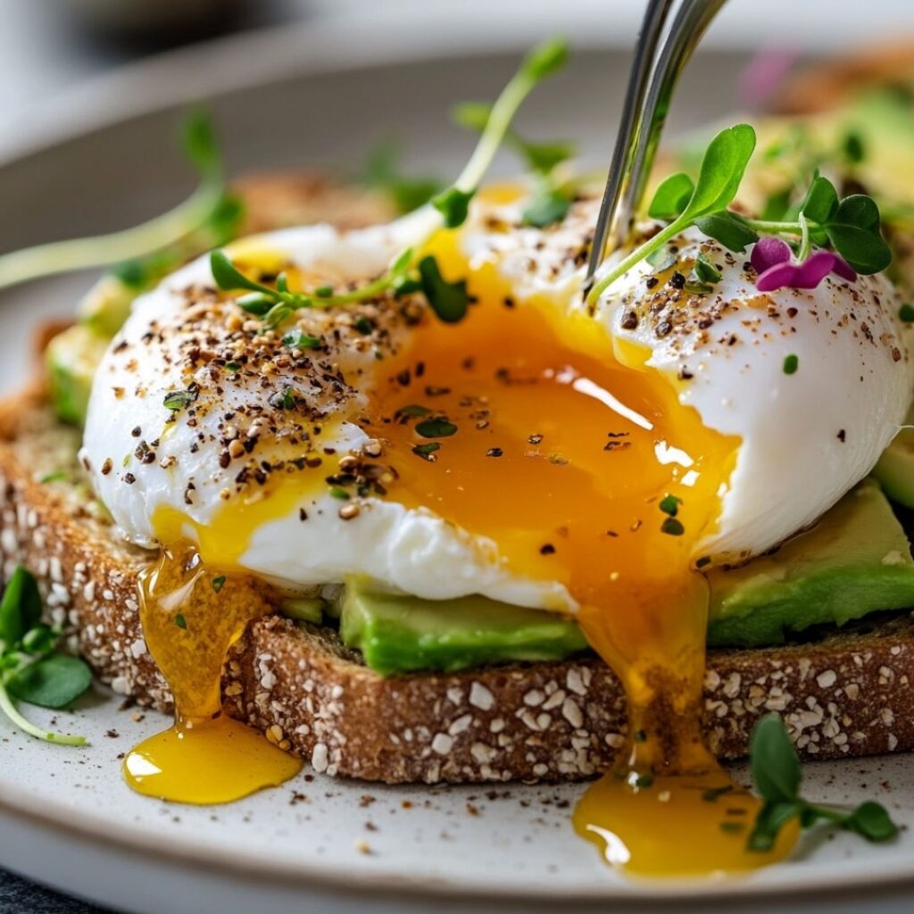 Close-up of poached egg yolk running over avocado toast with herbs and spices