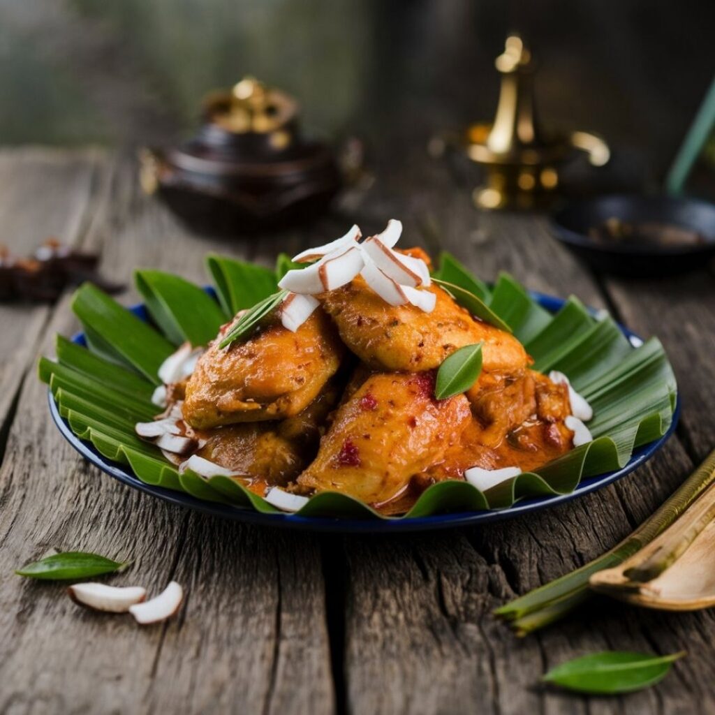 Nariyal chicken recipe served on wooden table with coconut garnish
