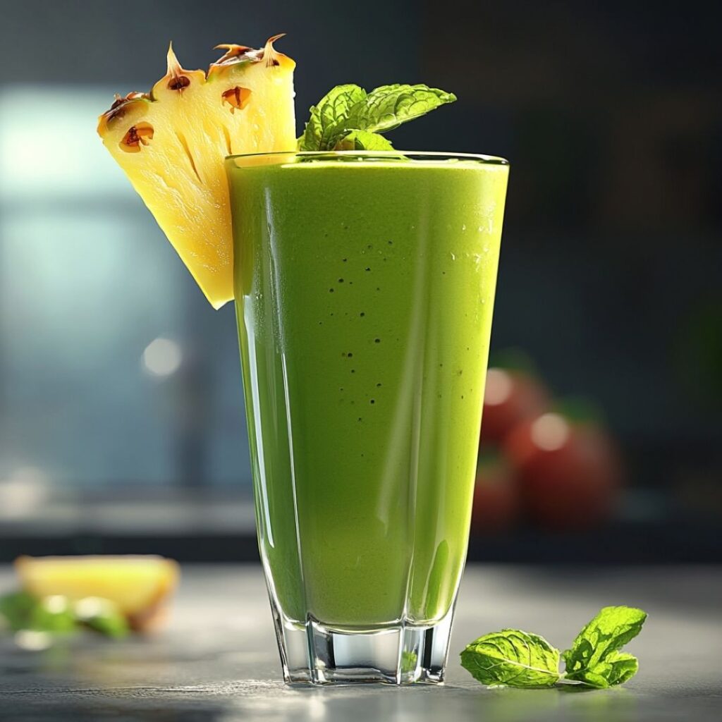 Glass of bright island green tropical smoothie garnished with pineapple and mint leaf against a beach background