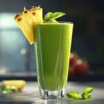 Glass of bright island green tropical smoothie garnished with pineapple and mint leaf against a beach background