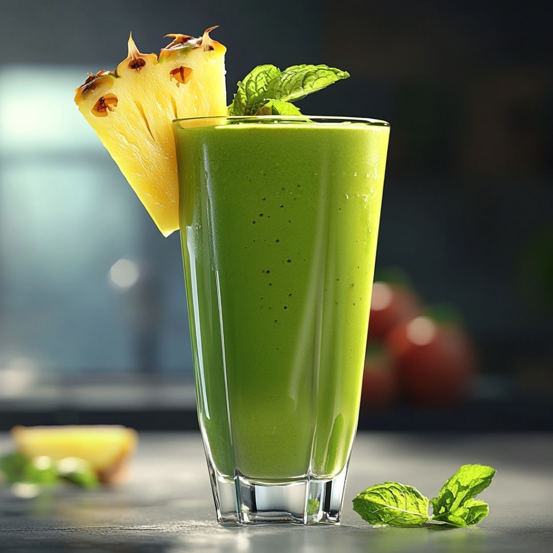 Glass of bright island green tropical smoothie garnished with pineapple and mint leaf against a beach background