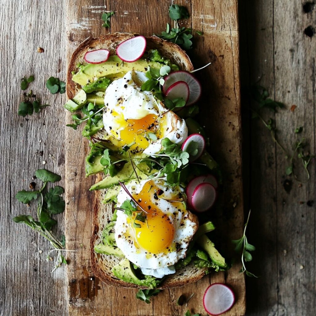 Overhead view of avocado toast with poached egg, microgreens, and radish slices on sourdough bread
