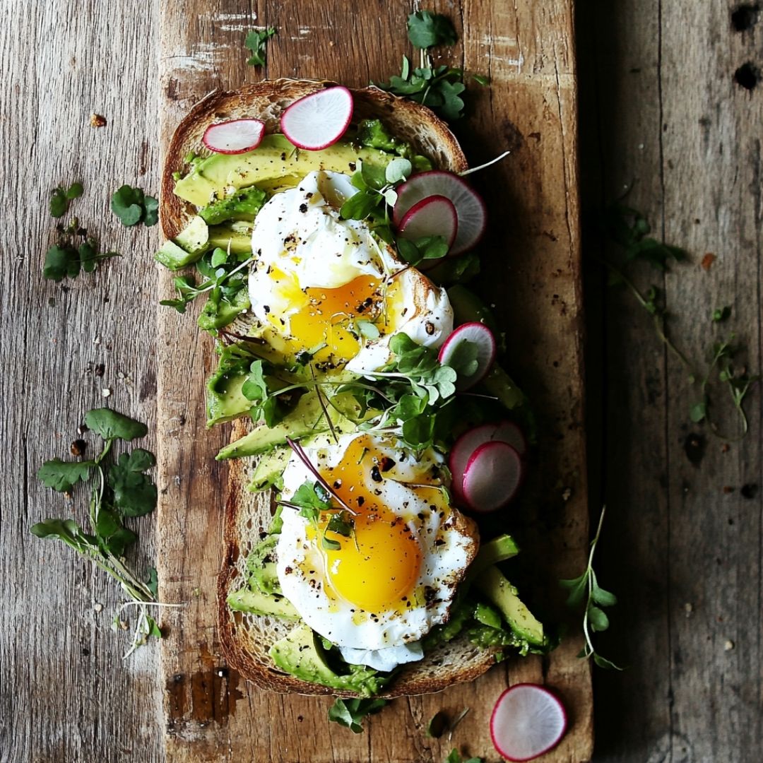 Overhead view of avocado toast with poached egg, microgreens, and radish slices on sourdough bread