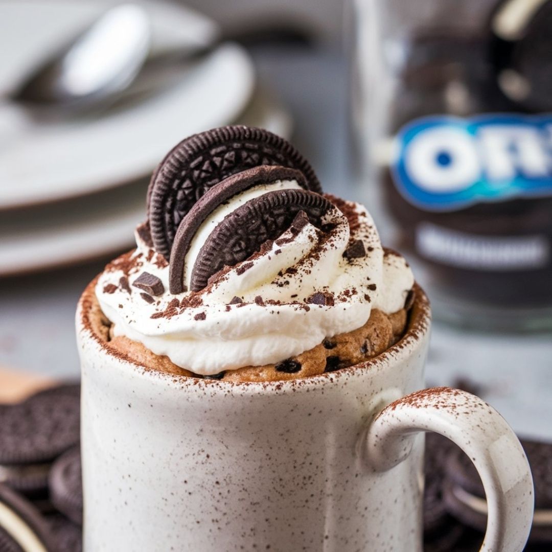 Oreo mug cake recipe in a white ceramic mug, topped with whipped cream and cookie crumbs