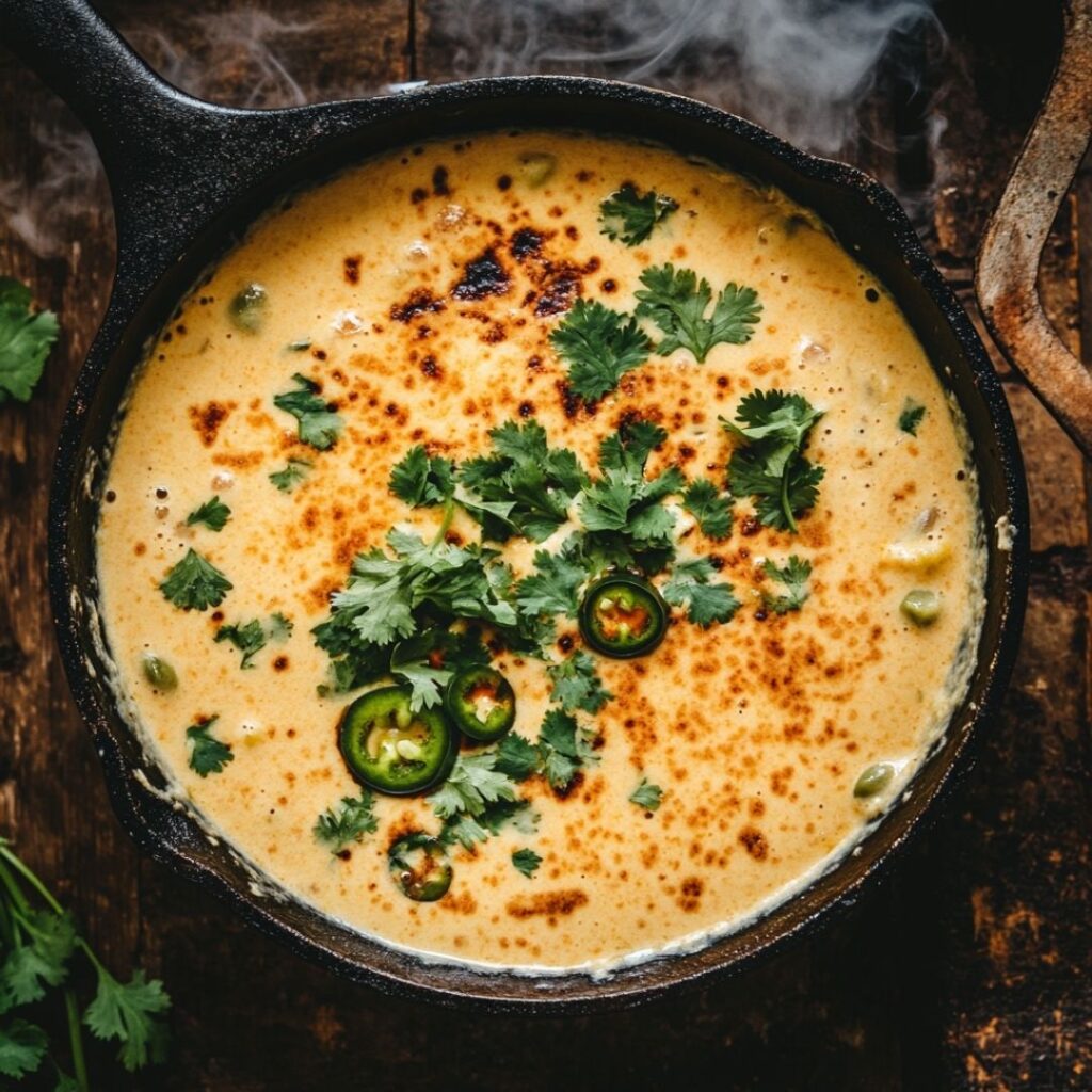 Overhead view of smoky queso dip in cast iron skillet with garnishes