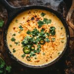 Overhead view of smoky queso dip in cast iron skillet with garnishes