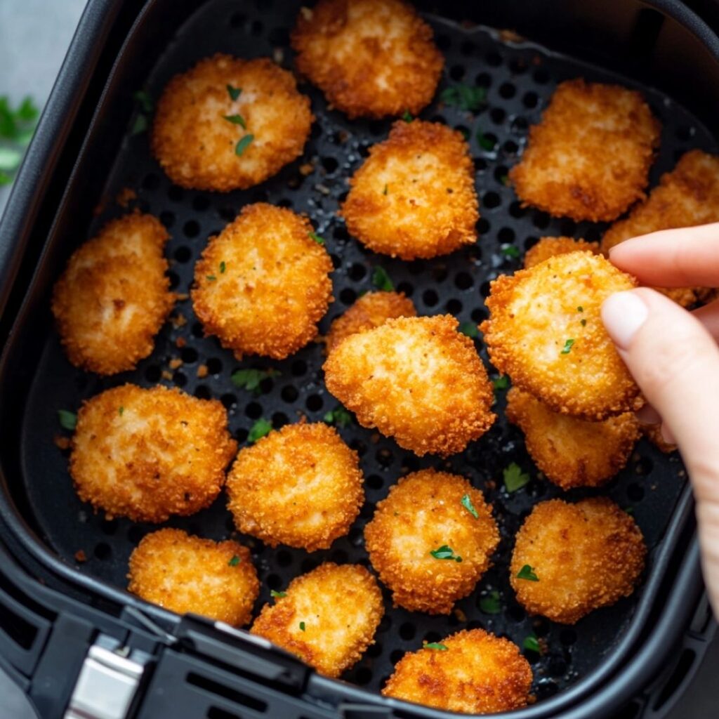 Air fryer basket filled with crispy chicken nuggets with one being held up to show texture