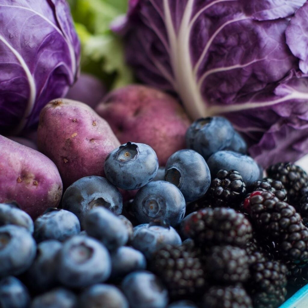 Microscopic view of purple food compounds and health molecules