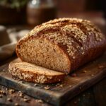 Freshly baked loaf of high protein bread with golden crust on wooden board
