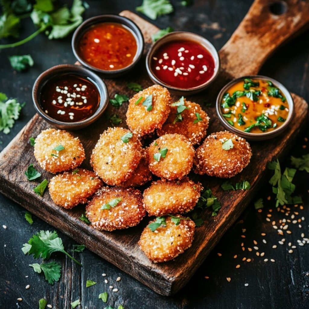Wooden board with arranged air fryer chicken nuggets, dipping sauces, and herb garnishes