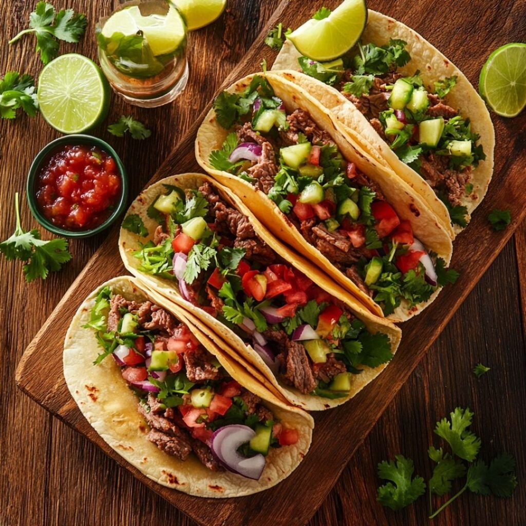 Assortment of Mexican tacos with traditional garnishes on wooden surface