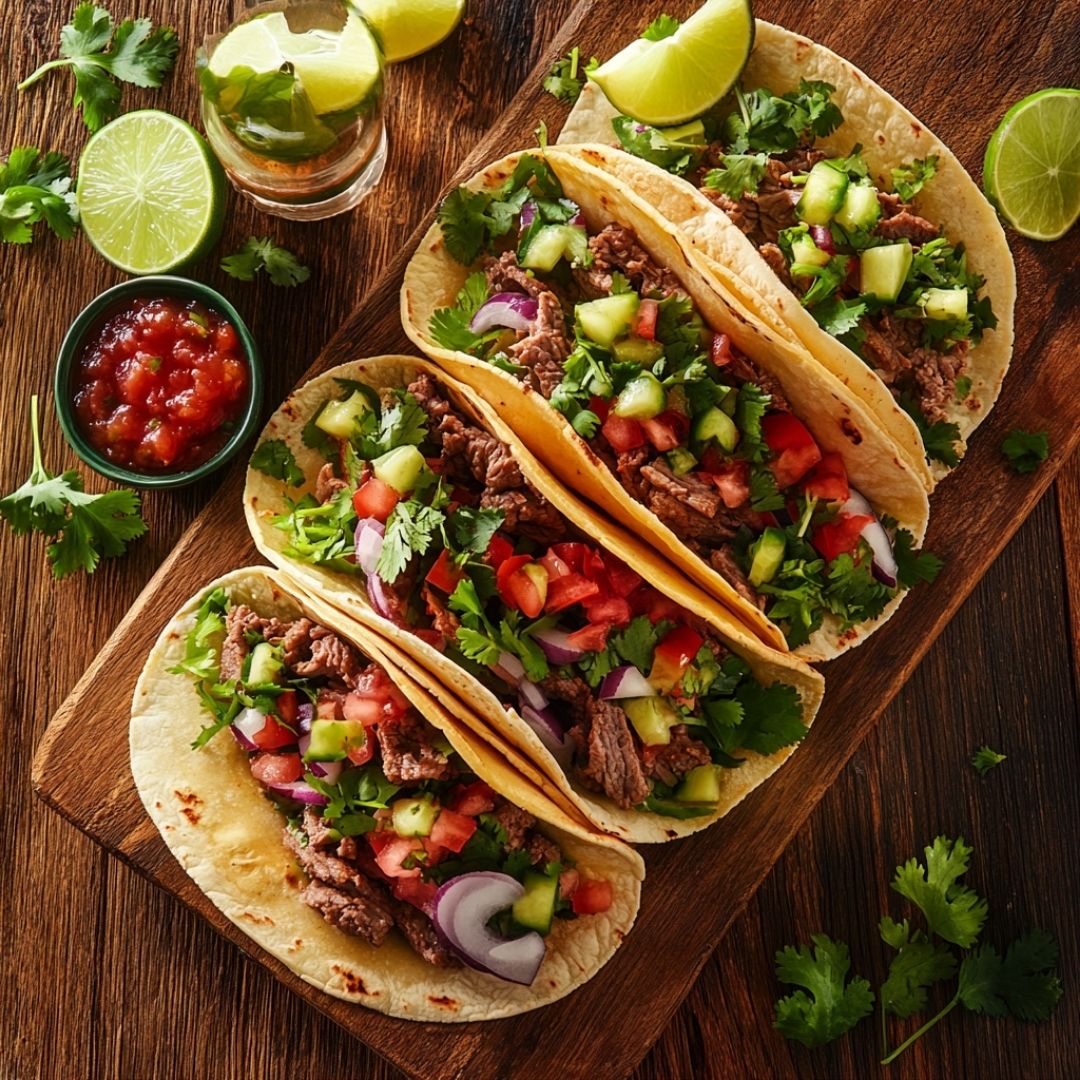Assortment of Mexican tacos with traditional garnishes on wooden surface