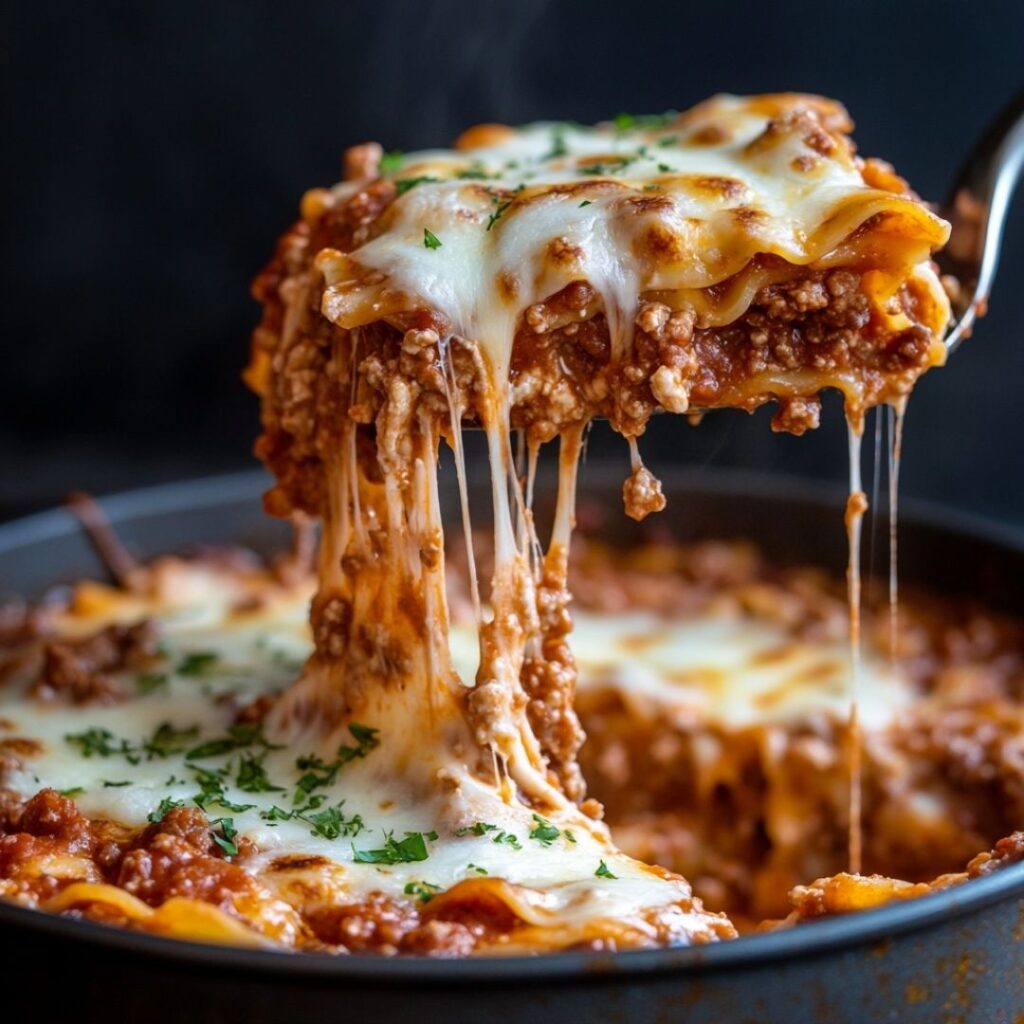 Cheese pull of one pot lasagna showing stretchy melted mozzarella between layers