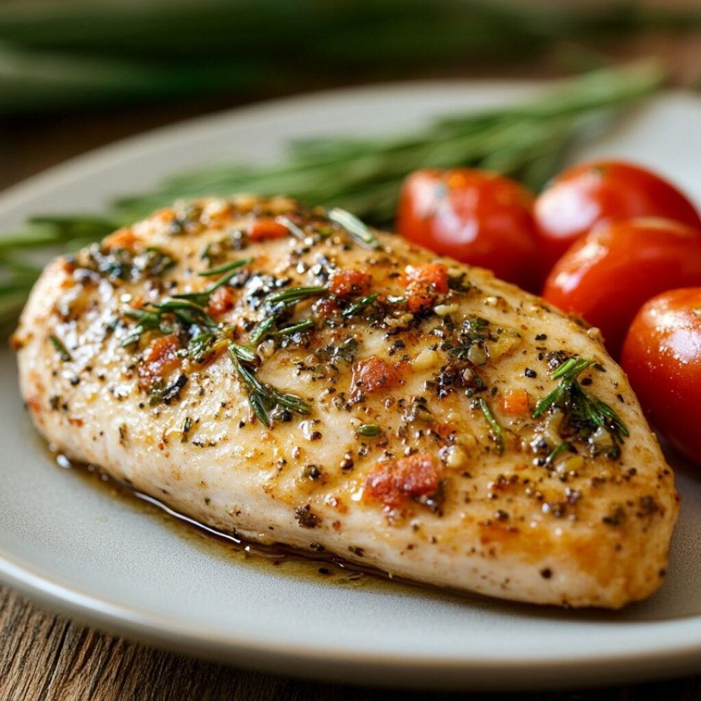 Health benefits of chicken breast after being cooked with herbs and spices in a kitchen