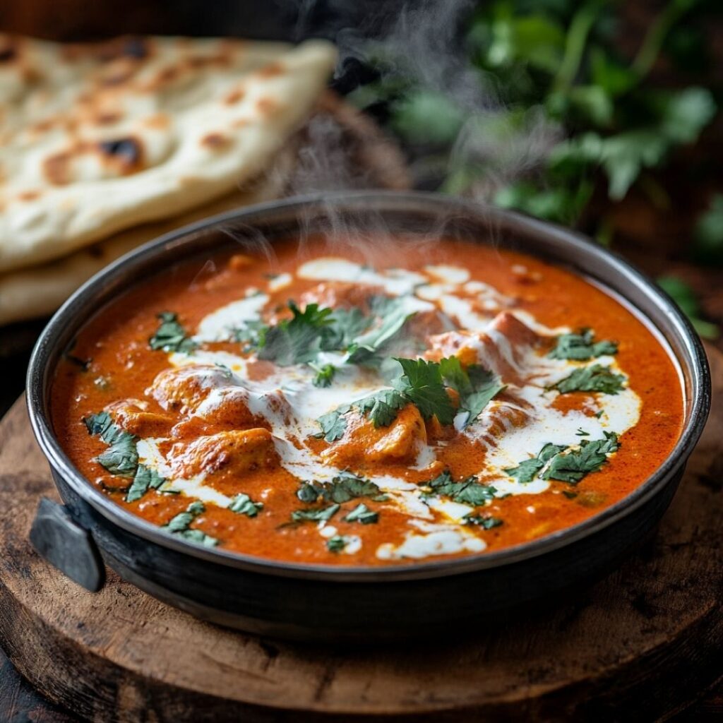Steaming hot butter chicken curry in a copper bowl with cream swirls and cilantro garnish, served with naan bread