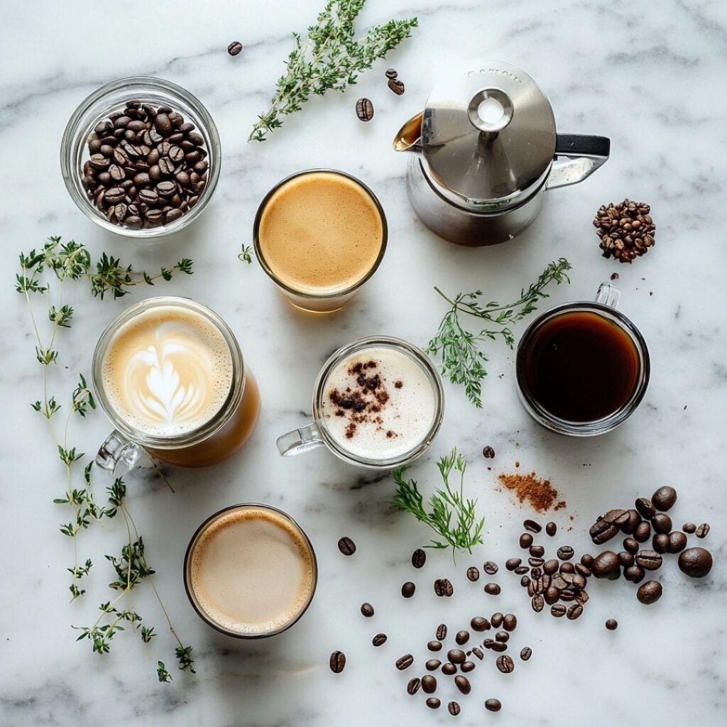 Artistic arrangement of coffee beans, brewing equipment, and fresh coffee displaying various preparation methods