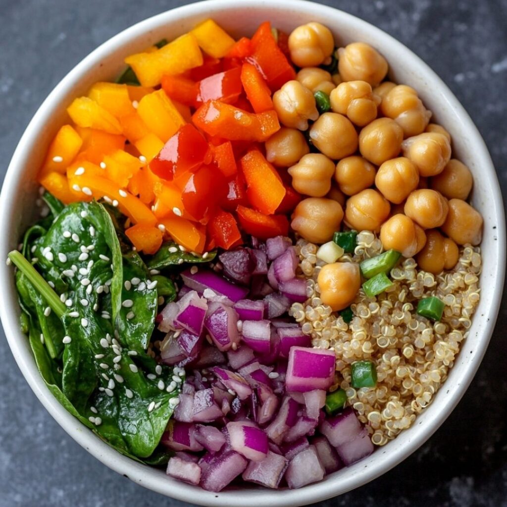 Healthy Buddha bowl with spinach, grains, and vegetables showing spinach benefits