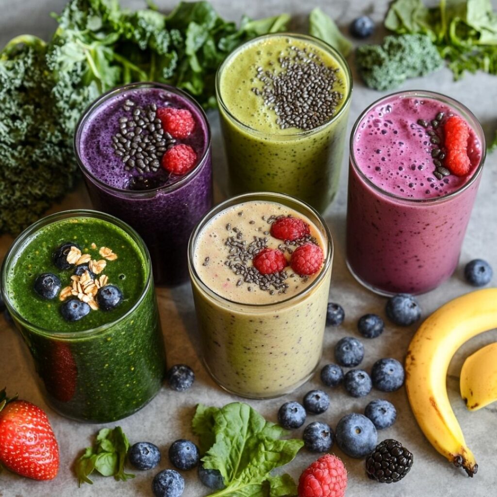 Bright and colorful smoothies made with various fruits and vegetables