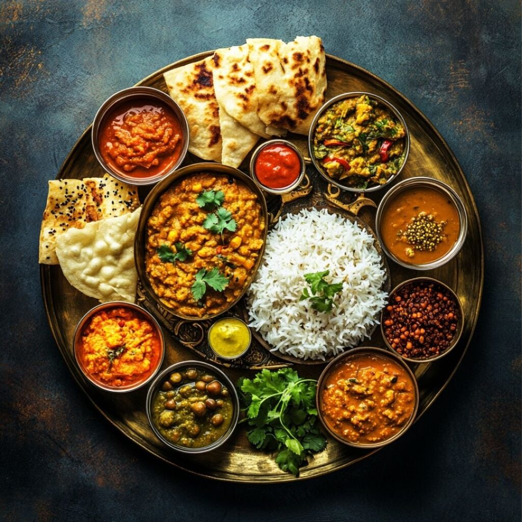 Traditional Indian thali with multiple dishes including dal, curry, rice, roti, and condiments arranged on a brass plate