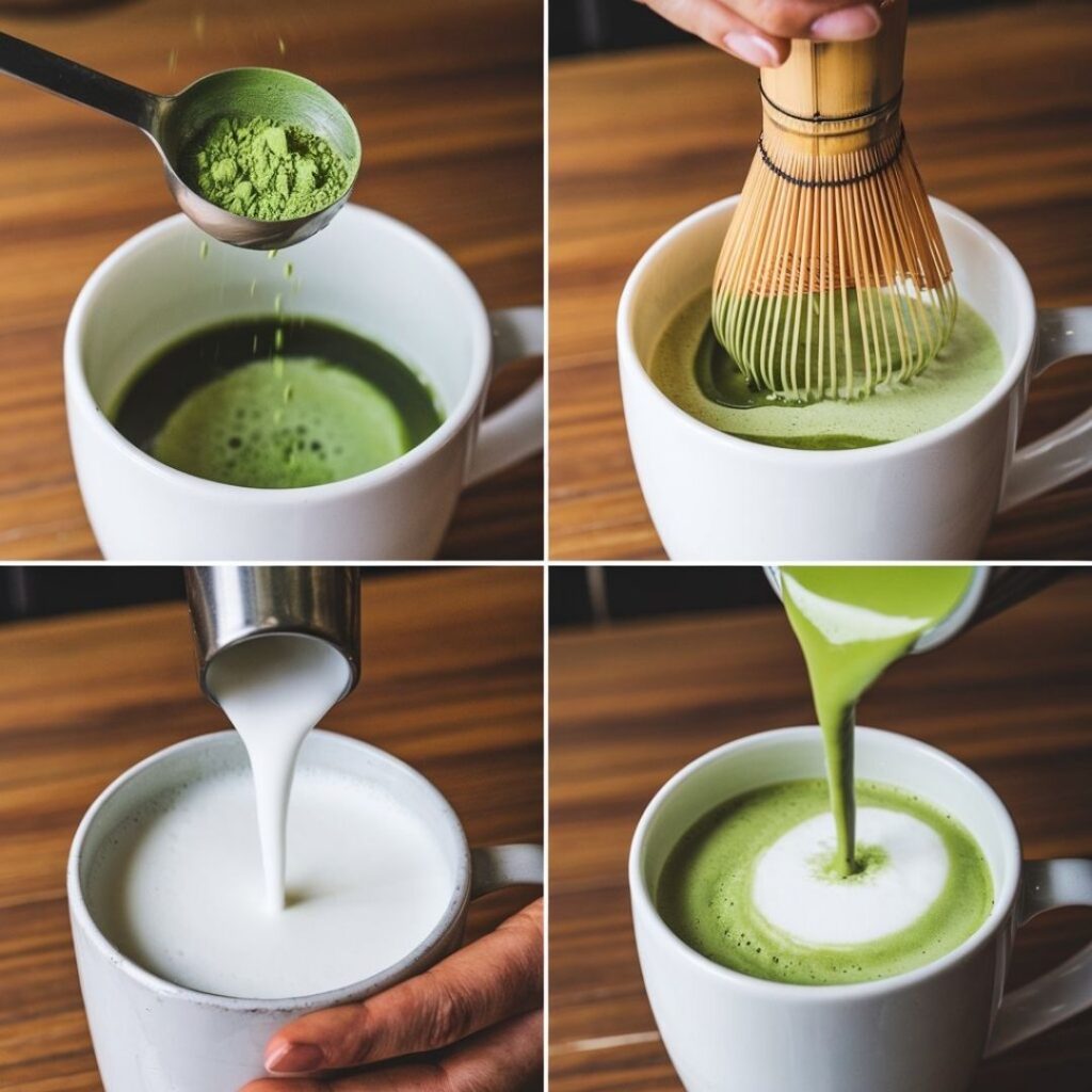 Hands preparing matcha latte with traditional tools