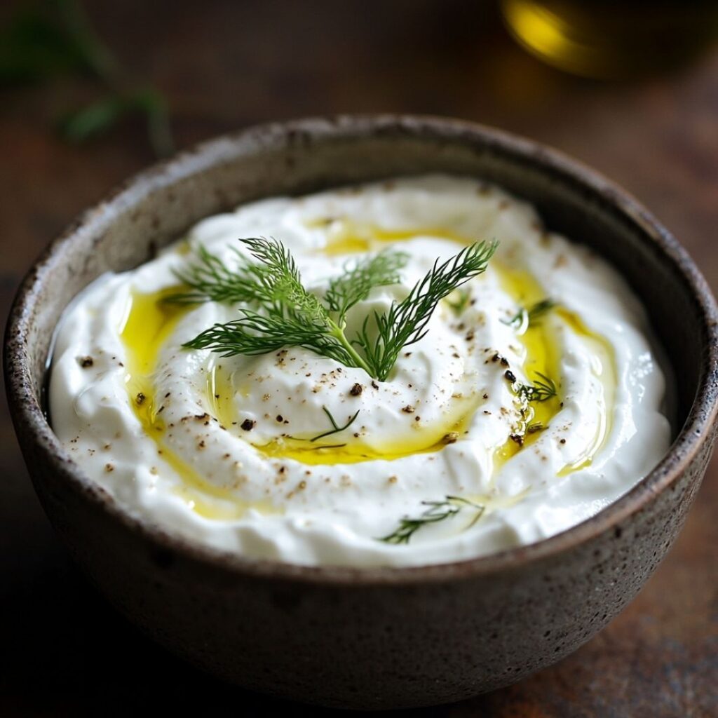 Creamy white Greek yogurt sauce in a ceramic bowl topped with fresh dill, mint, and olive oil