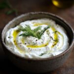 Creamy white Greek yogurt sauce in a ceramic bowl topped with fresh dill, mint, and olive oil
