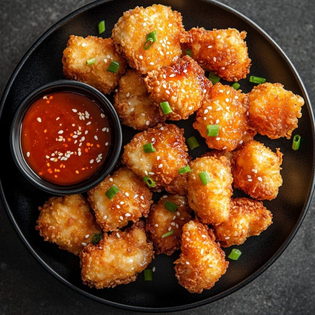 Crispy golden-brown air fryer chicken nuggets on a black plate with orange-red dipping sauce and green garnish
