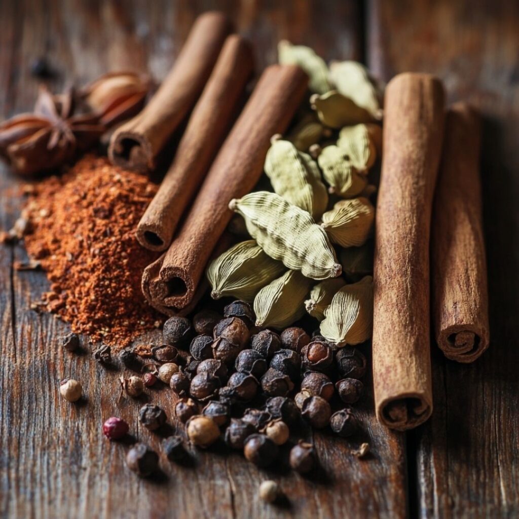 Various whole Indian spices arranged on a wooden surface including cardamom pods, cinnamon sticks, cloves, and peppercorns highlighting Indian cuisine