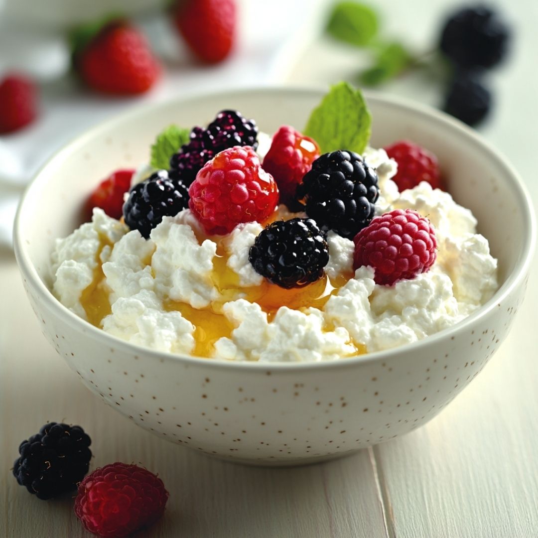 Bowl of cottage cheese topped with fresh berries and honey drizzle