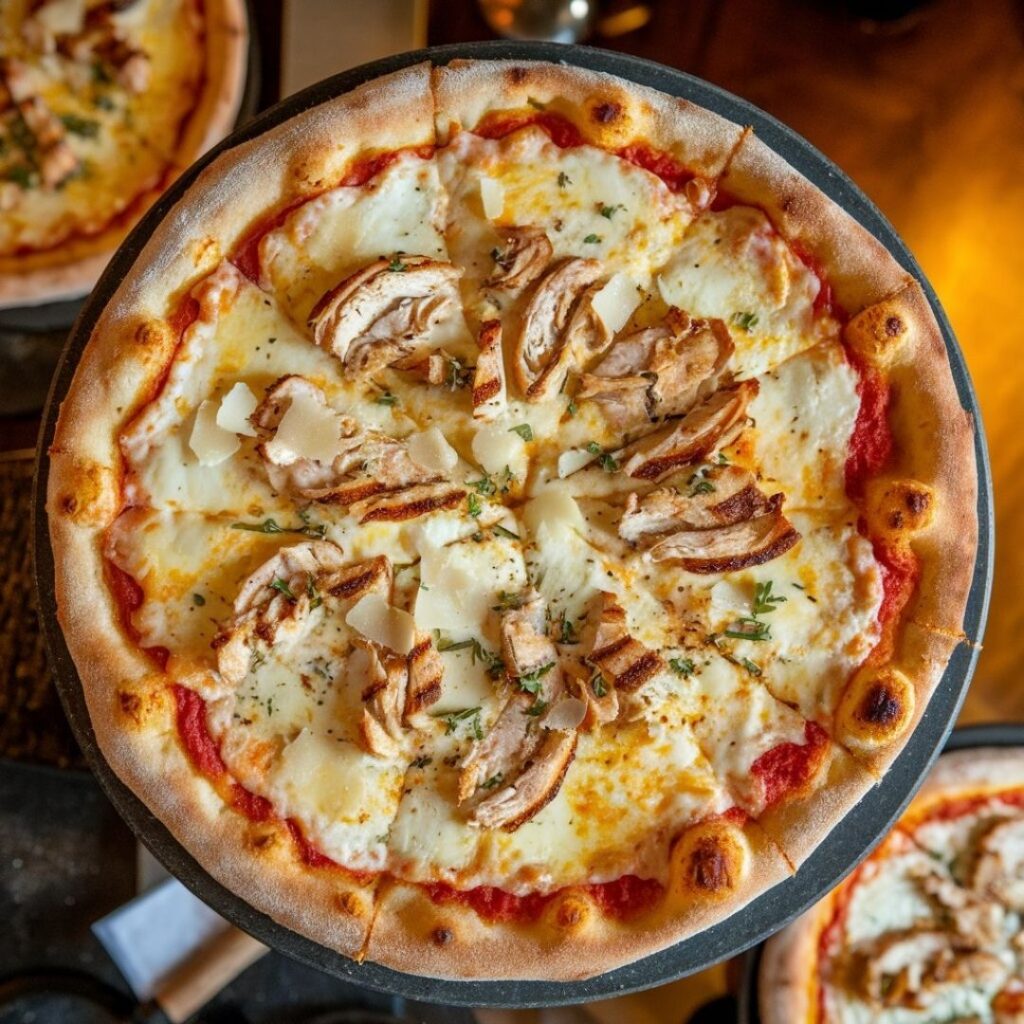 Overhead shot of whole Chicken Alfredo Pizza on dark surface with herbs