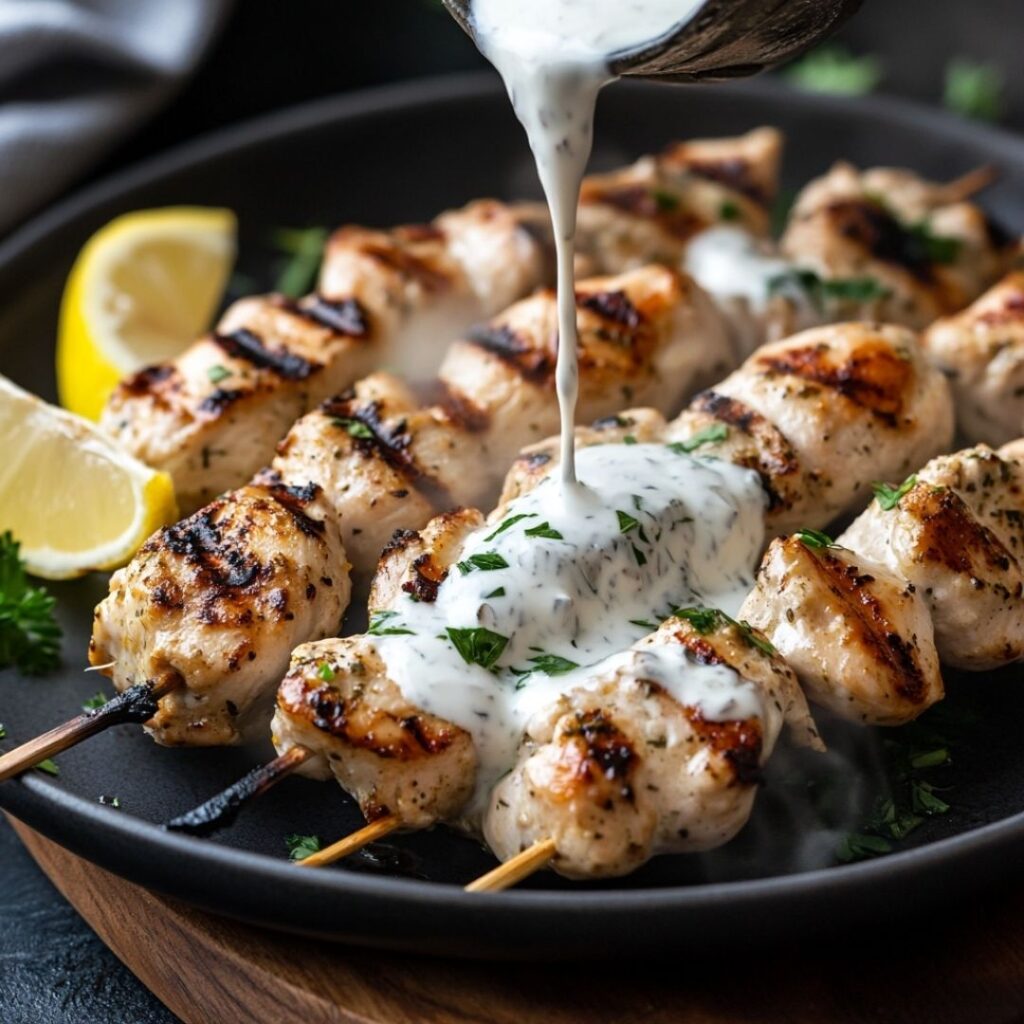 Greek yogurt sauce being poured over grilled chicken souvlaki with lemon and herbs
