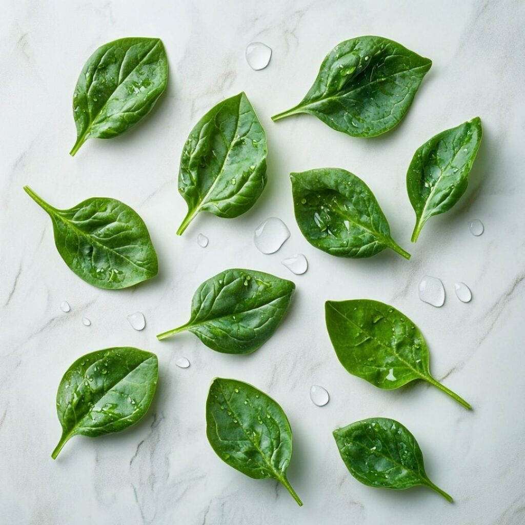 Fresh, wet spinach leaves arranged on white marble surface