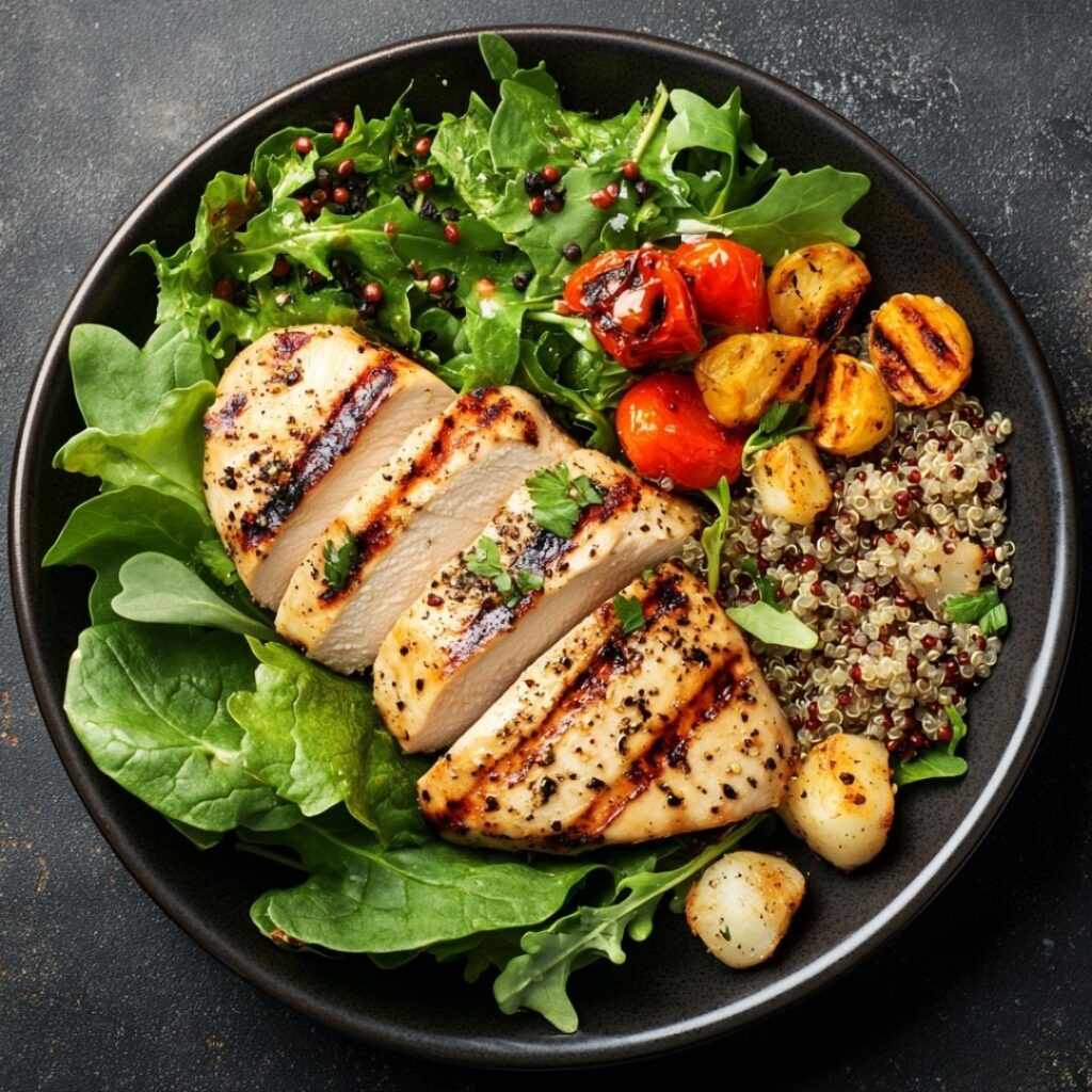A healthy meal featuring grilled chicken breast, quinoa, and roasted vegetables on a plate