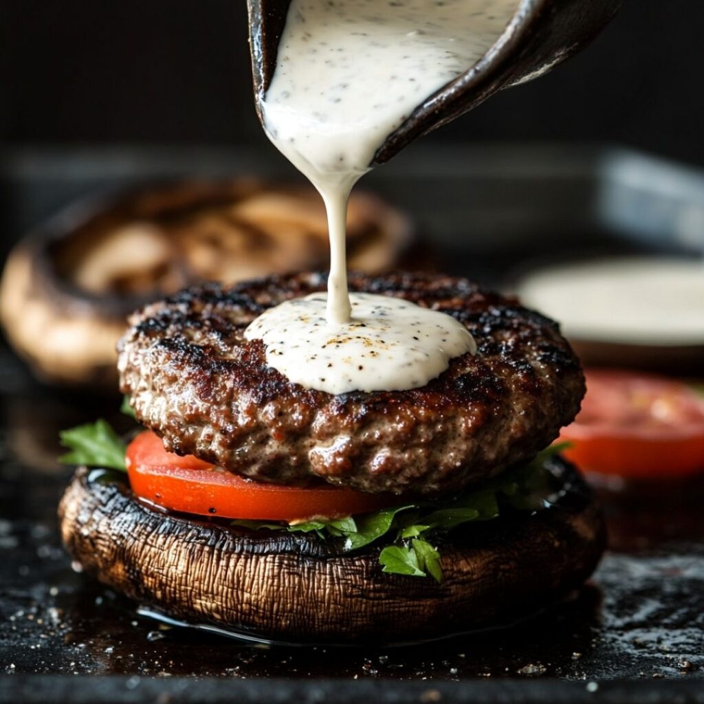Greek yogurt sauce being poured over a low carb burger with portobello mushroom bun
