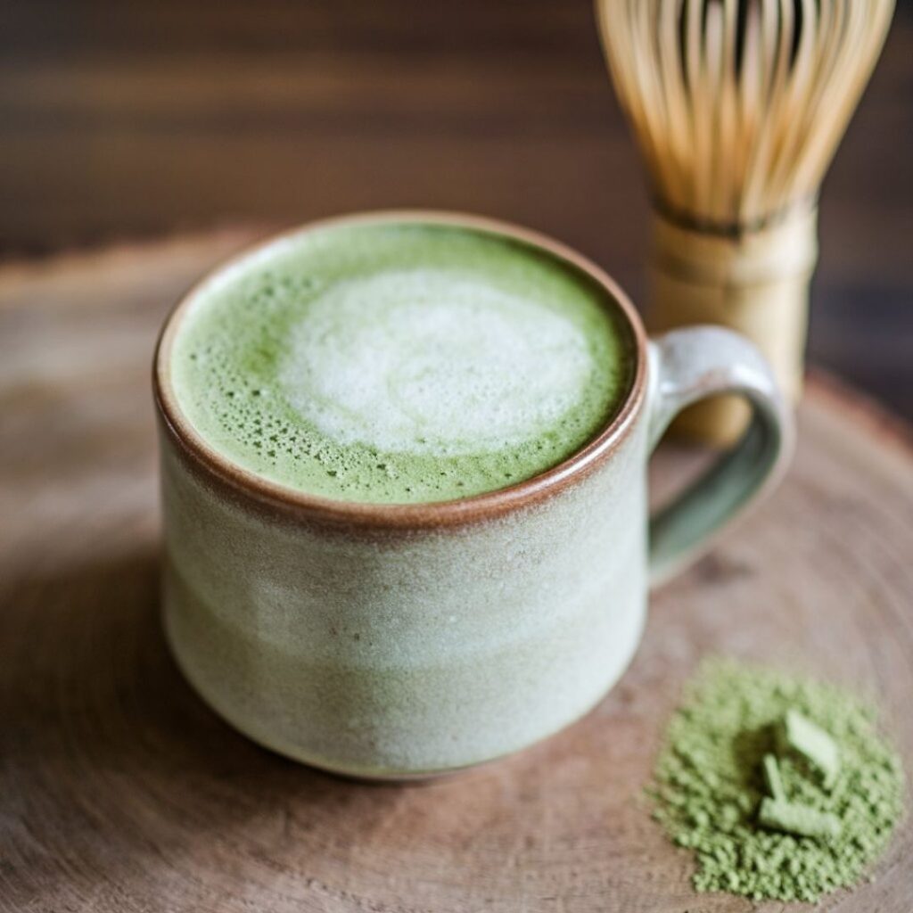 Creamy green matcha latte with frothy milk in ceramic mug