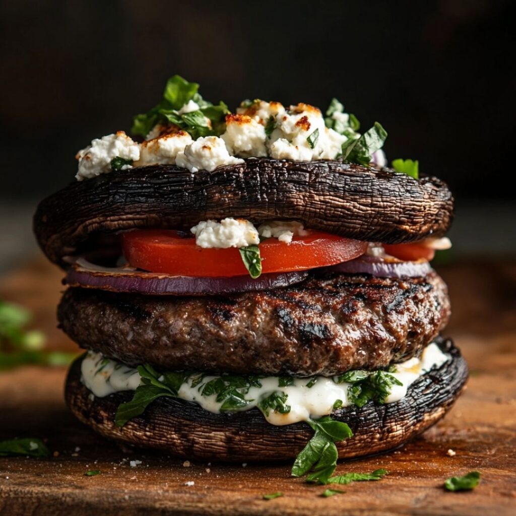 Low carb burger made with portobello mushroom buns, beef patty, and Mediterranean toppings